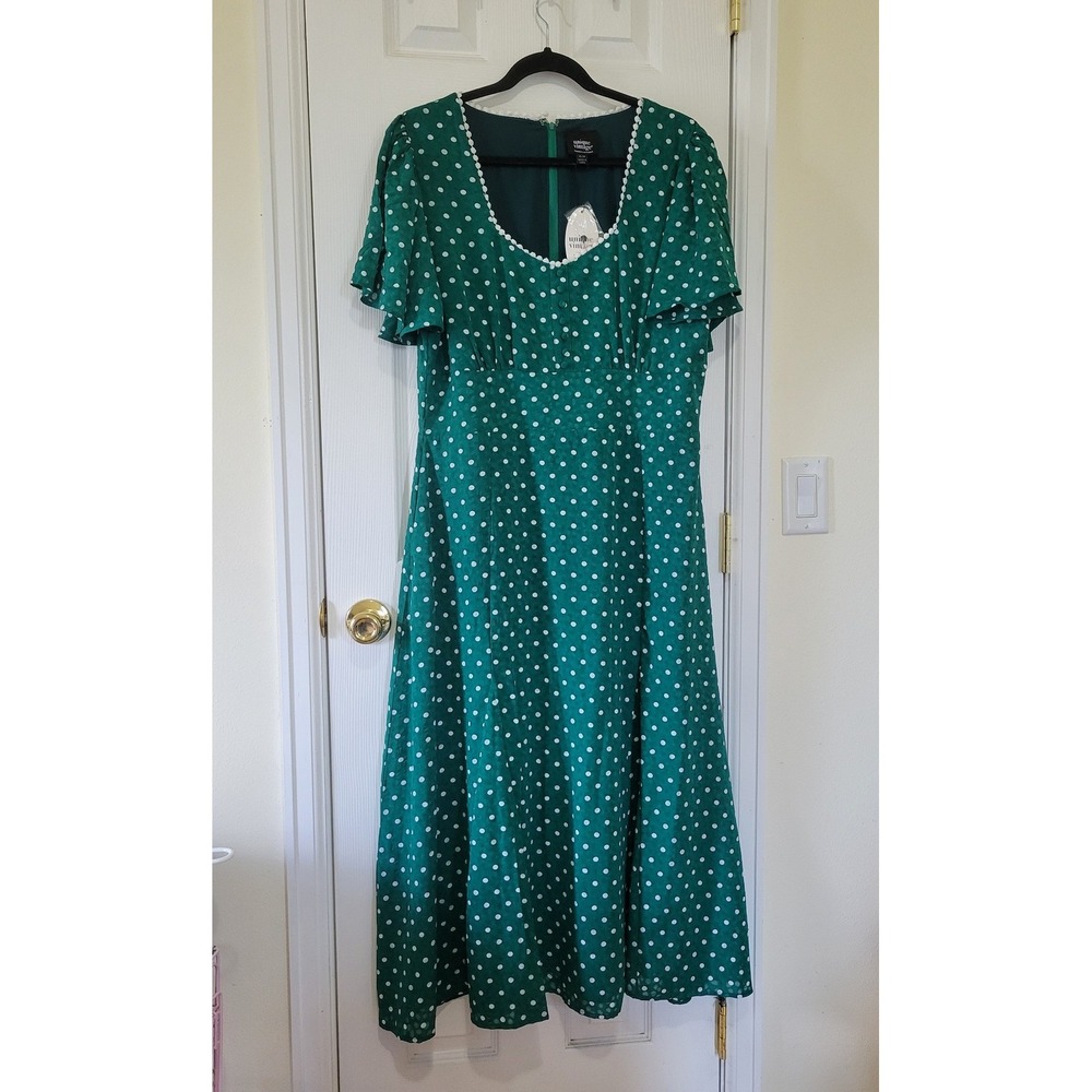 Unique Vintage Green Polka Dot Pom Pom Trim Midi Dress XL 14 Retro Rockabilly